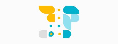 Soyut şekiller insan kafası silueti oluşturur. Renkler sarı, mavi, gri. Minimalist tasarım, temiz estetik, basit kompozisyon.