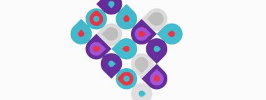 Soyut model. Çemberler, kareler, dikdörtgenler geometrik tasarımı oluşturur. Mor, deniz mavisi, gri renkler beyaz arkaplana hakim. Modern estetik.