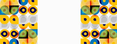 Retro desen renkli daireler, kareler, dikdörtgenler içerir. Parlak renkler neşeli, canlı bir tasarım yaratır. Basit geometri kompozisyona hakim olur.