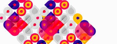 Soyut renkli çemberler, kareler kesişiyor. Parlak pembe, mor, sarı renkler beyaz arkaplana hakim. Modern geometrik desen.