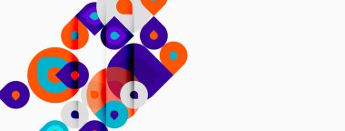 Soyut geometrik şekiller örtüşür, canlı renk bileşimi yaratır. Çemberler, kareler, dikdörtgenler modern tasarımı sunar.