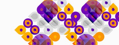 Soyut geometrik desen. Çemberler, kareler, üst üste binen şekiller canlı görsel doku yaratır. Mor, turuncu, gri baskın kompozisyon.