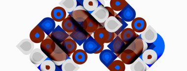 Soyut geometrik desen. Kareler, daireler örtüşüyor ve karmaşık görsel doku oluşturuyor. Renkler arasında mavi, kahverengi, beyaz.