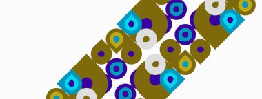 Soyut desenler üst üste binen daireler, kareler, çeşitli renkler. Minimalist tasarım, geometrik şekiller dinamik bileşim oluşturur.