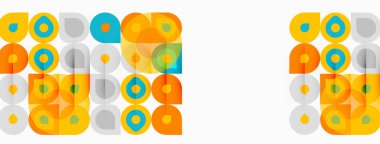 Geriye dönük desen. Geometrik şekiller tekrar eder, canlı görsel doku yaratır. Turuncu, deniz mavisi, gri baskın tasarım. Basit, eğlenceli estetik..