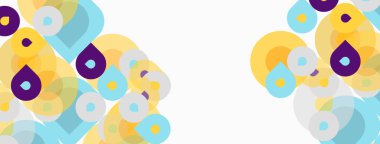 Soyut geometrik şekiller çakışıyor, renkli desenler yaratıyor. Sarılar, morlar, maviler dizaynın hakimi. Minimalist estetik.