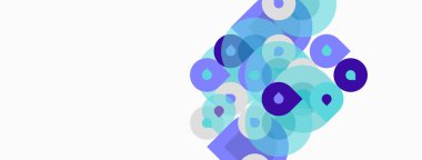 Soyut daireler örtüşüyor, parlak mavi renkler yaratıyor. Minimalist tasarım teknoloji, yenilik, modern estetik öneriyor. Temiz arkaplan şekilleri vurgular.