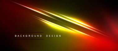 Soyut enerji çizgileri dinamik enerji yaratır. Renkler kırmızıdan sarıya, siyah arkaplan üzerinde değişiyor. Metin arkaplan tasarımı okur.