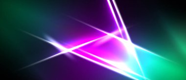 Soyut ışık çizgileri, canlı renklerin karışımı. Mor, deniz mavisi koyu arkaplan. Dinamik enerji merkezi noktadan yayılır.