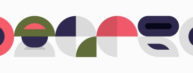 Soyut geometrik şekiller renkli desenler oluşturur. Çemberler, yarı daireler, üst üste binen elementler modern tasarım yaratır. Minimalist estetik, canlı renkler.