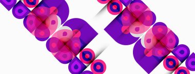 Mor geometrik şekiller çapraz olarak tekrarlanır. Çemberler kareler içinde yuva yapar, canlı desenler yaratır. Modern tasarım, soyut kompozisyon.