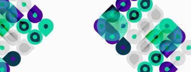 Soyut geometrik desen. Üst üste binen daireler, kareler, dikdörtgenler dinamik bileşim oluşturur. Teal, mor, gri renkler tasarıma hakim..