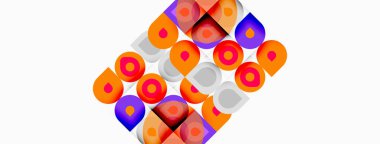 Soyut geometrik şekiller, canlı renkler, turuncu, mor, mavi. Desen, dinamik görsel doku oluşturmaya devam ediyor. Modern tasarım ögesi.