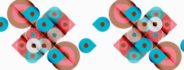 Soyut geometrik desen. Üst üste binen kareler, daireler tekrar eden dizaynlar yaratır. Renkler kırmızı, mavi, kahverengi, beyaz. Minimalist stil.