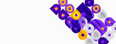 Soyut geometrik şekiller, mor, sarı renkler. Modern tasarım, temiz çizgiler, minimalist estetik. Kompozisyon üst üste bindirme biçimlerine odaklanır.