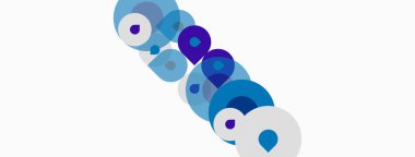 Soyut daireler, değişik tonlarda mavi, mor, beyaz. Çapraz düzenleme dinamik görsel akış yaratır. Minimalist tasarım, temiz arkaplan.