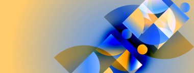 Soyut geometrik bileşim. Mavi, turuncu renkler baskın. Şekiller çakışıyor, dinamik görsel etki yaratıyor. Minimalist tasarım, modern estetik.