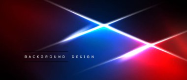 Soyut arkaplan canlı kırmızı ve mavi gradyanlara sahiptir. Çapraz ışık çizgileri kesişir ve dinamik görsel efekt yaratır. Minimalist metin mevcut.