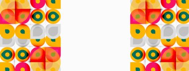 Retro desen, renkli kesişen daireler ve kareler içerir. Tasarım klasik estetiği çağrıştırıyor, basit geometri, parlak renkler.