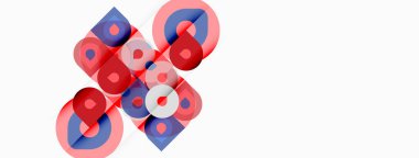 Soyut tasarım, üst üste binen daireler, kareler, kırmızı, mavi renkler. Beyaz arka planda minimalist kompozisyon. Geometrik şekiller görsel ilgi yaratır.