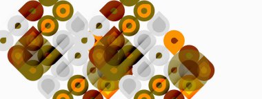 Soyut geometrik şekiller örtüşür, katmanlı desenler yaratır. Renkler arasında kahverengi, turuncu, gri, bej yer alıyor. Minimalist tasarım, modern estetik.