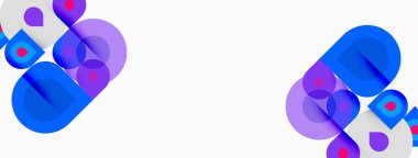 Soyut şekiller, mavi, mor, pembe. Üst üste binen daireler dinamik bileşim yaratır. Minimalist tasarım, temiz arka plan. Modern estetik.