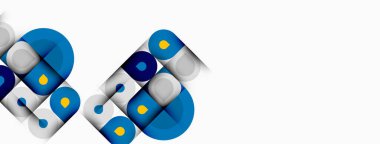 Soyut geometrik şekiller, mavi, gri, sarı daireler, kareler. Minimalist tasarım, temiz çizgiler, modern estetik. Basit kompozisyon.