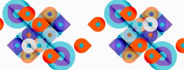 Soyut geometrik desen. Üst üste binen daireler, kareler canlı, modern tasarım yaratır. Renkler arasında turuncu, mavi, bej.