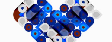 Soyut geometrik desen kalp şeklini oluşturuyor. Mavi, kırmızı, gri daireler, kareler üst üste binerek modern tasarım yaratıyorlar. Basit, renkli kompozisyon.