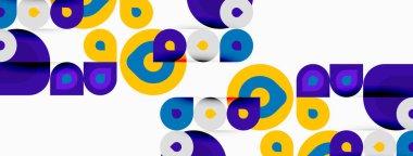 Soyut desenler üst üste binen daireler. Mavi, sarı, mor renkler dinamik kompozisyon yaratır. Modern tasarım ögesi.