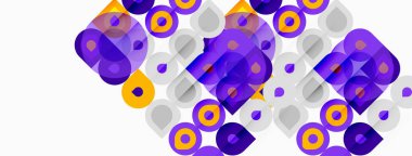 Soyut geometrik desen. Mor, altın, gri daireler, kareler üst üste binerek dinamik görsel doku oluşturuyor. Modern tasarım ögesi.