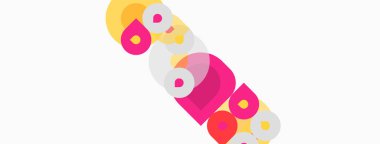 Soyut renkli şekiller örtüşür, eğlenceli kompozisyonlar yaratır. Pembe baskın, sarı, kırmızı aksanlı. Minimalist tasarım, temiz arkaplan.