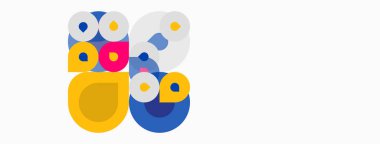 Soyut renkli daireler çakışıyor, eğlenceli kompozisyonlar oluşturuyor. Parlak renkler beyaz arkaplana hakim. Modern tasarım ögesi.