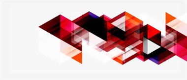 Soyut geometrik şekiller üst üste binerek dinamik kırmızı, mor ve turuncu bileşimler oluşturur. Beyaz arkaplanı olan minimalist tasarım.