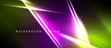 Parlak neon çizgileri soyut geometrik şekiller yaratır. Canlı mor, yeşil, sarı renkler koyu arkaplana hakim. Modern tasarım ögesi.