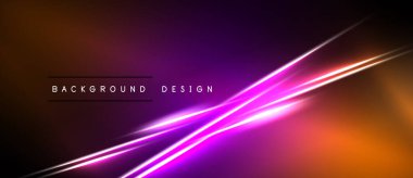 Soyut arka planda canlı turuncu, mor renkler var. Çapraz ışık çizgileri dinamik görsel efekt yaratır. Metin arkaplan tasarımı okur.