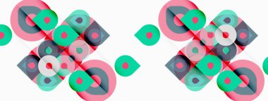 Soyut geometrik desen. Üst üste binen daireler, kareler dinamik görsel doku oluşturur. Pembe, gök mavisi renkleri beyaz arkaplana hakim.