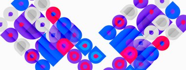 Soyut geometrik desen. Mavi, mor, pembe daireler, kareler üst üste biniyor. Modern tasarım, canlı renkler, basit şekiller..