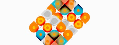 Soyut geometrik şekiller, canlı renkler, üst üste binen formlar dinamik bileşim oluşturur. Turuncu, yeşil, siyah egemen tasarım.