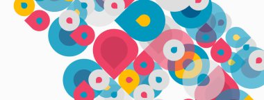 Soyut daireler örtüşüyor, canlı renkli desenler yaratıyor. Şekiller farklı boyutlarda, farklı renklerde, dinamik görsel deneyimler sunuyor..