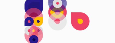 Üst üste binen daireler içeren soyut kompozisyon. Çeşitli renkler katmanlı görsel efekt yaratır. Minimalist tasarım, modern estetik.