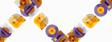 Soyut geometrik şekiller çakışıyor, dinamik görsel desen oluşturuyor. Renkler arasında mor, turuncu, sarı renkler var. Minimalist tasarım.