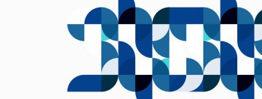 Soyut geometrik desen. Mavi daireler harfler oluşturarak örtüşüyor. Beyaz arka plan karşıtlık sağlar. Modern tasarım ögesi.