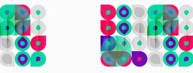 Soyut geometrik desenler. Kareler, daireler, canlı renkler eğlenceli kompozisyonlar oluşturur. Minimalist tasarım, modern estetik.