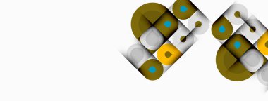 Soyut geometrik şekiller örtüşür, dinamik bileşim yaratır. Altın, kahverengi, mavi tonlar beyaz arkaplana hükmediyor. Modern tasarım ögesi.