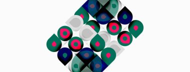 Soyut geometrik desen. Tekrarlayan kareler, daireler, renkler dinamik görsel doku yaratır. Minimalist tasarım, modern estetik.