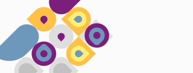 Soyut şekiller, daireler, kareler, üst üste binen formlar. Parlak renkler beyaz arkaplana hakim, modern tasarım elemanları mevcut.