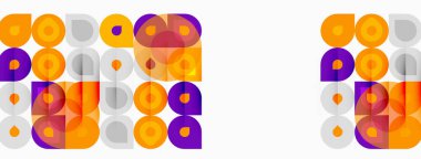 Geometrik desen. Kareler, daireler, dikdörtgenler tekrar edin. Turuncu, mor renkler tasarımda baskın. Minimalist estetik, temiz çizgiler mevcut.