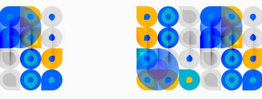 Soyut desenler üst üste binen daireler, kareler. Mavi, sarı, gri renkler geometrik tasarım yaratır. Basit, modern estetik..