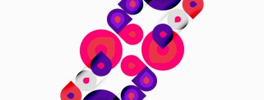 Üst üste binen daireler içeren soyut kompozisyon. Pembe, mor, beyaz renkler dinamik görsel doku yaratır. Modern tasarım ögesi.